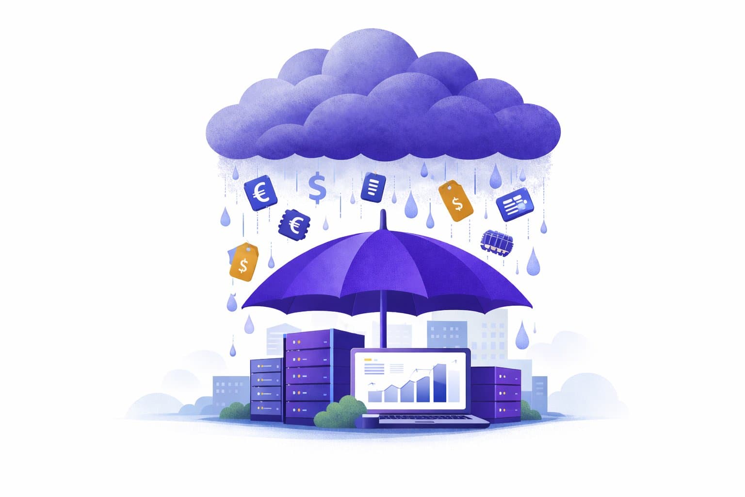Ombrello viola indaco che ripara server e laptop dalla nuvola carica di costi nascosti, simboli euro dollaro e cartellini prezzo